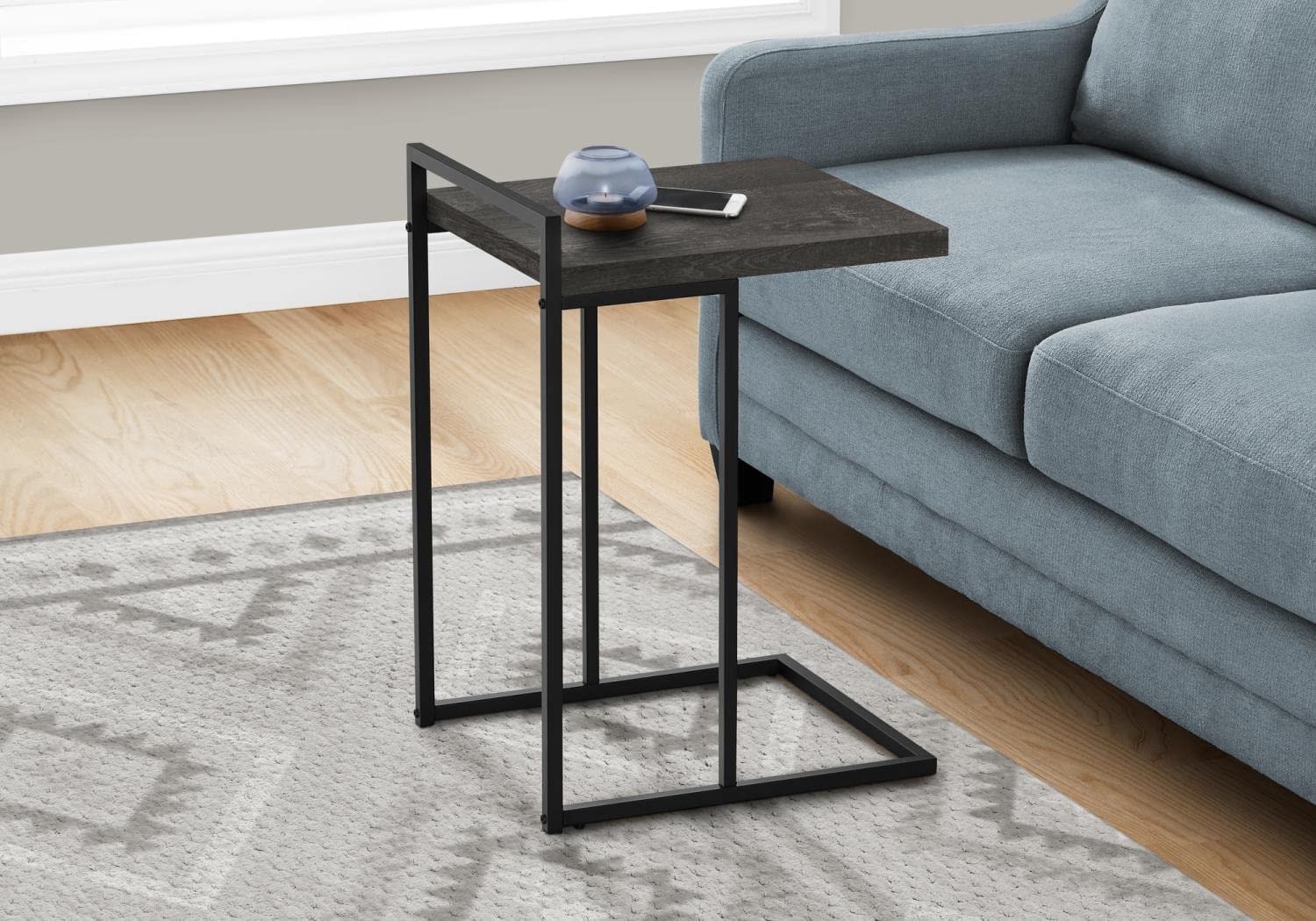 Monarch Specialties 3633 Accent Table, C-shaped, End, Side, Snack, Living Room, Bedroom, Laminate, Contemporary, Modern Table-25, 16" L x 18.25" W x 26.5" H, Black Reclaimed Wood-Look/Black Metal